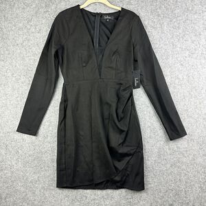 LULUS Dress Womens S Black Sheer Deep V Long Sleeve LBD Ruched Stretch Zip NEW